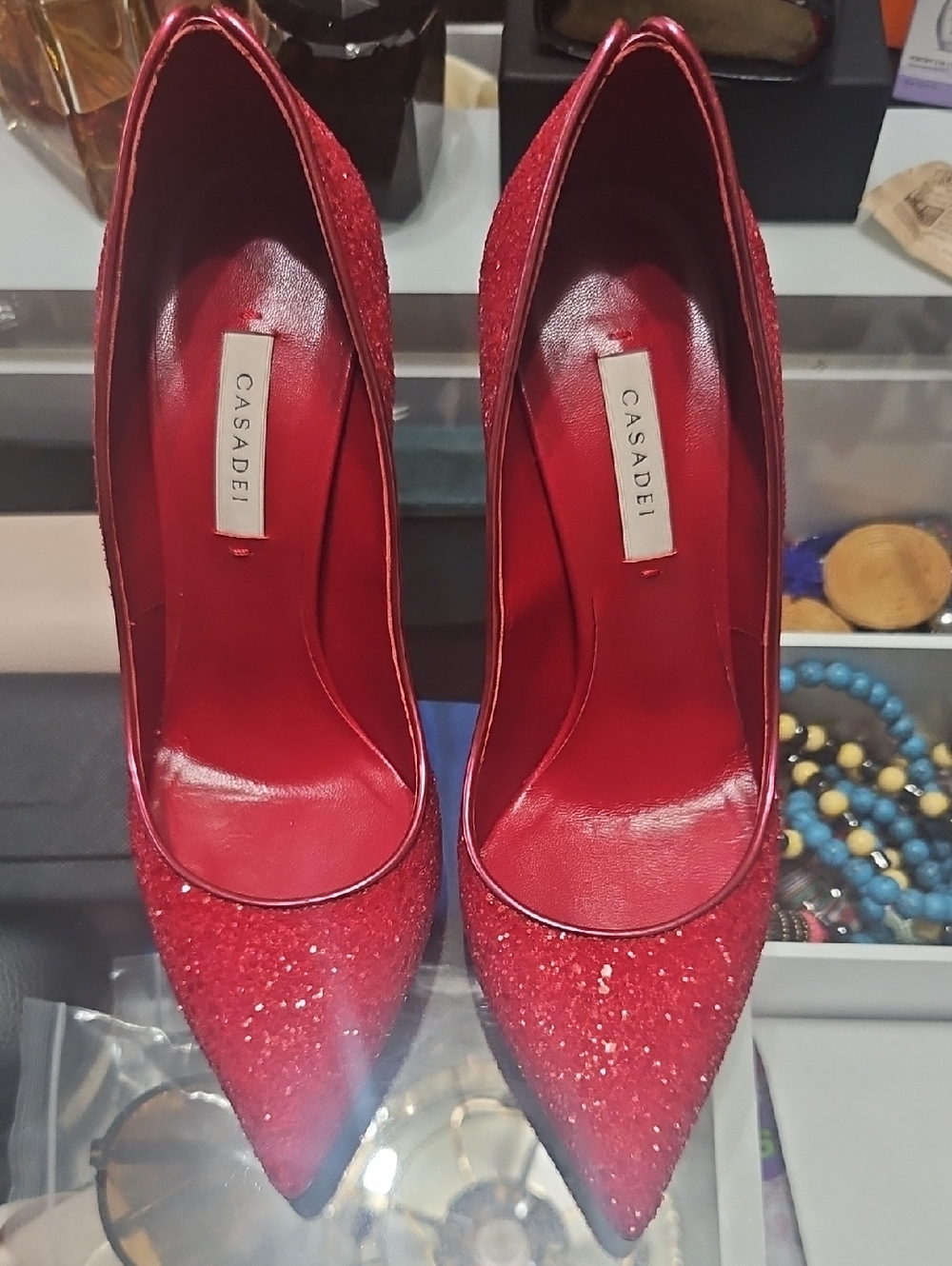 Casadei Red Glitter Pointed Pumps